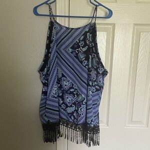 Soho New York & Co. Floral Blue Fringe Hem Spaghetti Strap Camisole
